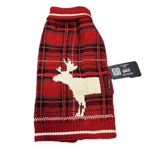 Red Plaid Sweater with Reindeer Design